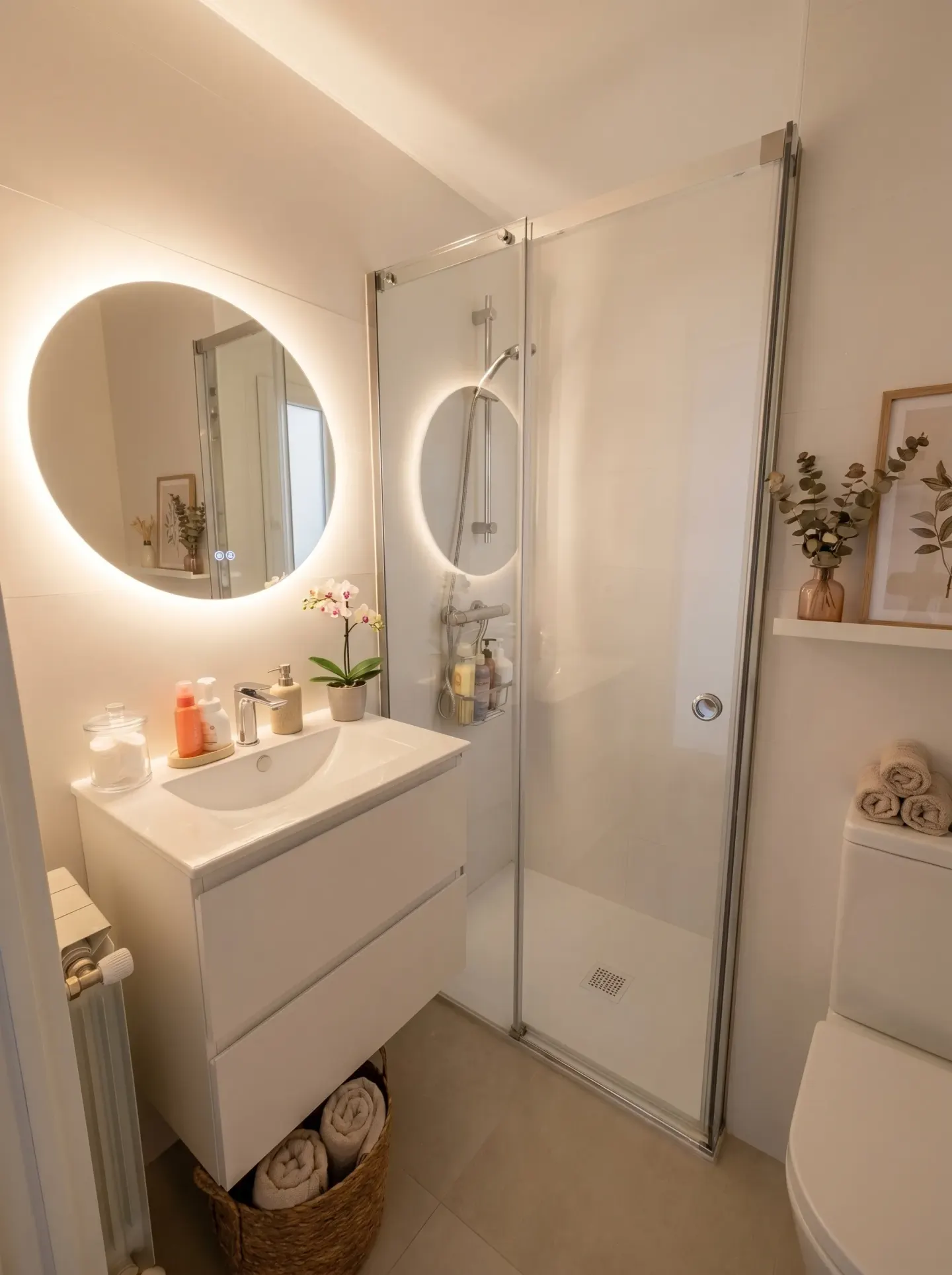 Baño blanco con espejo retroiluminado y ducha de cristal · Hernani