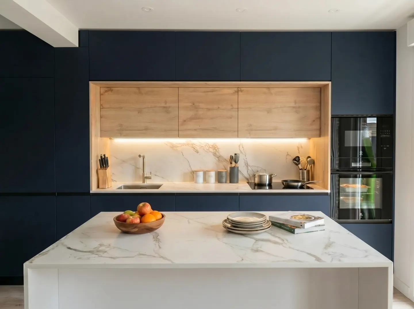 Cocina moderna azul con madera integrada · Andoain