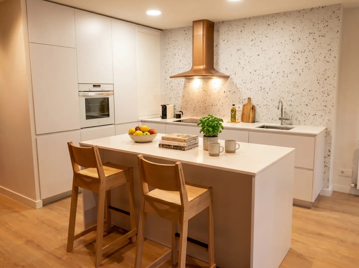 Cocina con barra de desayuno y taburetes · Donostia